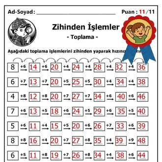 10 adet 1. ve 2. Sınıf Zihinden Toplama İşlemleri - Hemen İndirilebilir