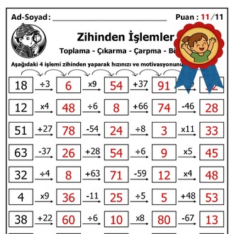 10 adet 3. ve 4. Sınıf Zihinden 4 İşlem Alıştırmaları - Hemen İndirilebilir