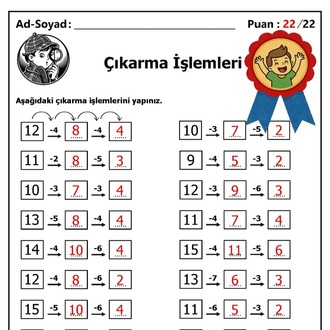 10 Adet 1. ve 2.Sınıf Sayılarla Zihinden Çıkarma İşlemleri - Hemen İndirilebilir