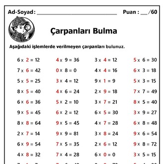 10 adet 2. ve 3.Sınıf Çarpanları Bulma İşlemleri-Hemen İndirilebilir