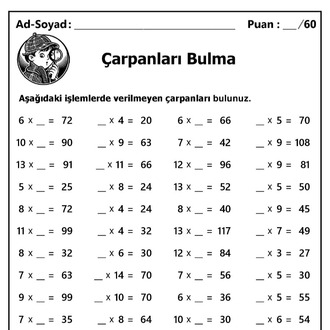 10 adet 2. ve 3.Sınıf Çarpanları Bulma İşlemleri-Hemen İndirilebilir