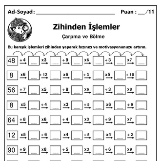 10 adet 3. ve 4.Sınıf Zihinden Karışık Çarpma ve Bölme İşlemleri-Hemen İndirilebilir