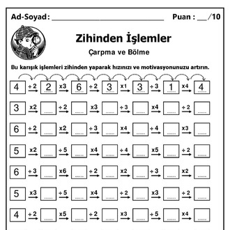 10 adet 3. ve 4.Sınıf Zihinden Karışık Çarpma ve Bölme İşlemleri-Hemen İndirilebilir