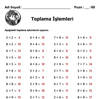 10 Adet 1.Sınıf 1 ve 2 Basamaklı Sayılarla Toplama İşlemleri-Hemen İndirilebilir