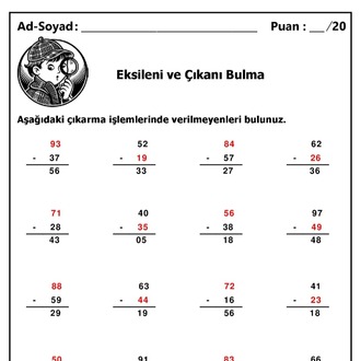 10 adet 2. Sınıf Eksileni ve Çıkanı Bulma İşlemleri - Hemen İndirilebilir