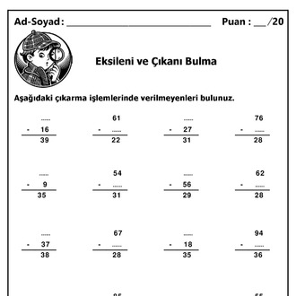 10 adet 2. Sınıf Eksileni ve Çıkanı Bulma İşlemleri - Hemen İndirilebilir