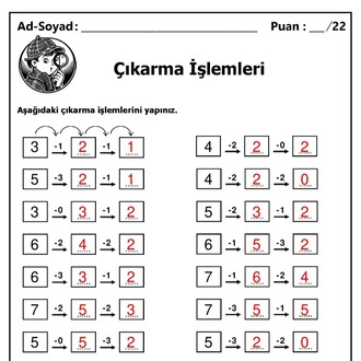 10 Adet 1. ve 2.Sınıf Sayılarla Zihinden Çıkarma İşlemleri - Hemen İndirilebilir