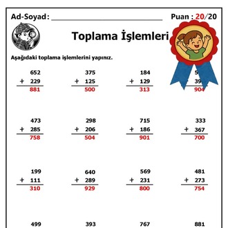 10 adet 3 Basamaklı Sayılarla Toplama İşlemleri - Cevap Anahtarlı-Hemen İndirilebilir