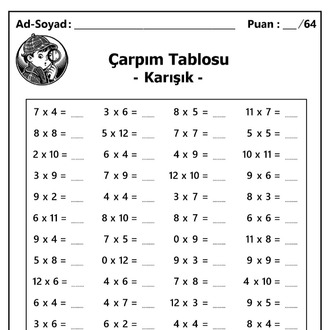13 Adet Çarpım Tablosu Alıştırmaları - Hemen İndirilebilir