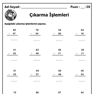 10 Adet 1. ve 2. Sınıf 2 Basamaklı Sayılarla Çıkarma İşlemleri-Hemen İndirilebilir