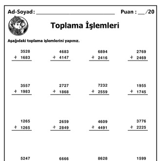 10 adet 4 Basamaklı Sayılarla Toplama İşlemleri - Cevap Anahtarlı-Hemen İndirilebilir