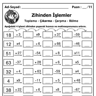 10 adet 3. ve 4. Sınıf Zihinden 4 İşlem Alıştırmaları - Hemen İndirilebilir