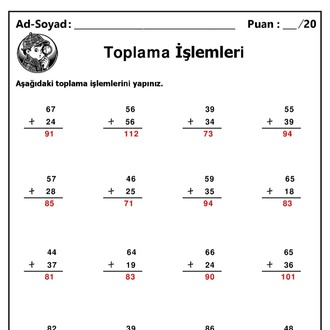 10 Adet 1. ve 2. Sınıf 2 Basamaklı Sayılarla Toplama İşlemleri-Hemen İndirilebilir