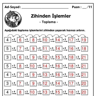 10 adet 1. ve 2. Sınıf Zihinden Toplama İşlemleri - Hemen İndirilebilir