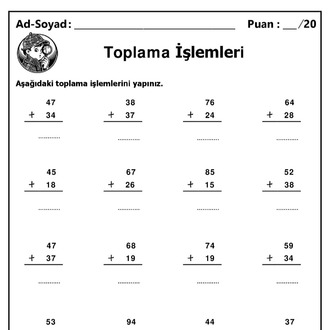 10 Adet 1. ve 2. Sınıf 2 Basamaklı Sayılarla Toplama İşlemleri-Hemen İndirilebilir
