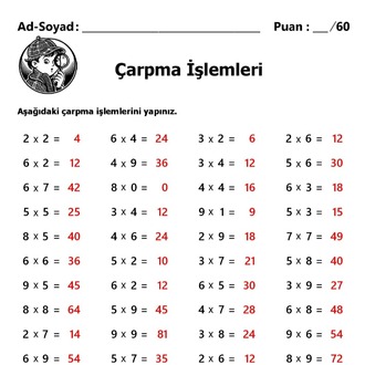 10 adet 2. ve 3.Sınıf Çarpma İşlemleri-Hemen İndirilebilir