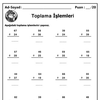 10 Adet 1. ve 2. Sınıf 2 Basamaklı Sayılarla Toplama İşlemleri-Hemen İndirilebilir