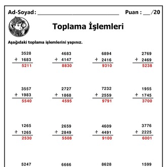 10 adet 4 Basamaklı Sayılarla Toplama İşlemleri - Cevap Anahtarlı-Hemen İndirilebilir
