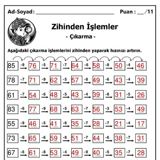 10 adet 2. ve 3. Sınıf Zihinden Çıkarma İşlemleri - Hemen İndirilebilir