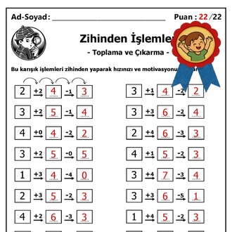 10 adet 1. ve 2. Sınıf Zihinden Toplama ve Çıkarma İşlemleri - Hemen İndirilebilir