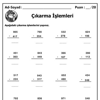 10 adet 3 Basamaklı Sayılarla Çıkarma İşlemleri - Cevap Anahtarlı-Hemen İndirilebilir