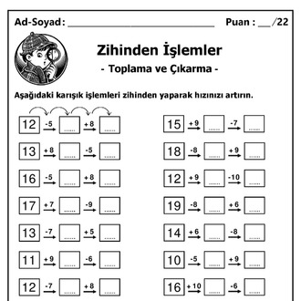 10 adet 1. ve 2. Sınıf Zihinden Toplama ve Çıkarma İşlemleri - Hemen İndirilebilir