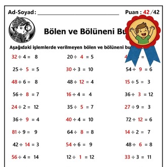 10 adet 2. ve 3.Sınıf Böleni ve Bölüneni Bulma İşlemleri-Hemen İndirilebilir