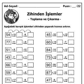 10 adet 1. ve 2. Sınıf Zihinden Toplama ve Çıkarma İşlemleri - Hemen İndirilebilir