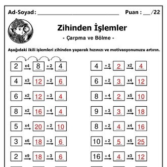 10 adet 3. ve 4. Sınıf Zihinden Çarpma ve Bölme İşlemleri - Hemen İndirilebilir