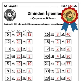 10 adet 3. ve 4. Sınıf Zihinden Çarpma ve Bölme İşlemleri - Hemen İndirilebilir
