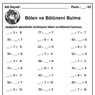 10 adet 2. ve 3.Sınıf Böleni ve Bölüneni Bulma İşlemleri-Hemen İndirilebilir
