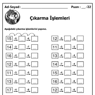 10 Adet 1. ve 2.Sınıf Sayılarla Zihinden Çıkarma İşlemleri - Hemen İndirilebilir
