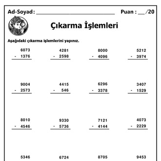 10 adet 4 Basamaklı Sayılarla Çıkarma İşlemleri - Cevap Anahtarlı-Hemen İndirilebilir