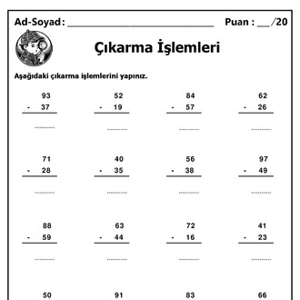 10 Adet 1. ve 2. Sınıf 2 Basamaklı Sayılarla Çıkarma İşlemleri-Hemen İndirilebilir