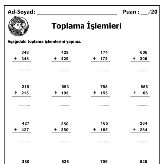 10 adet 3 Basamaklı Sayılarla Toplama İşlemleri - Cevap Anahtarlı-Hemen İndirilebilir
