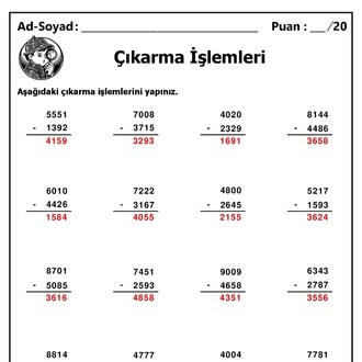 10 adet 4 Basamaklı Sayılarla Çıkarma İşlemleri - Cevap Anahtarlı-Hemen İndirilebilir