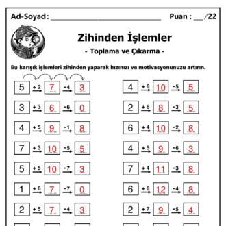 10 adet 1. ve 2. Sınıf Zihinden Toplama ve Çıkarma İşlemleri - Hemen İndirilebilir