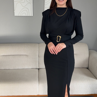 Vatkalı Toka Detaylı Siyah Elbise