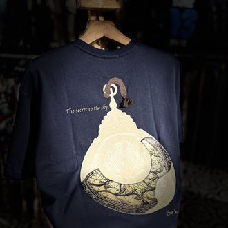 Göklerin Sırrı: Astrolab Nakışlı / Baskılı Antik Lacivert T_shirt