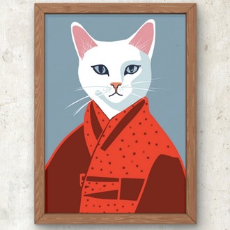 Kimonolu Beyaz Kedi – Dekoratif Sanat Posteri A3