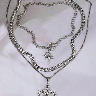 Goth Set Katmanlı Çelik Zincir Dikenli Haç & Yıldız Kolye