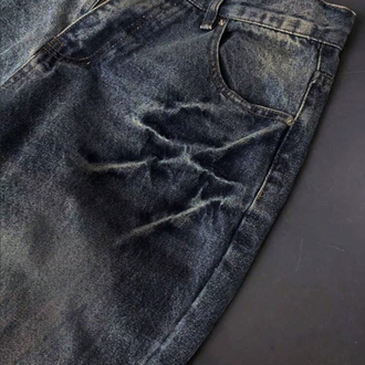 Yıkanmış Dokulu & Bıyık Detaylı Bol Paça Denim Pantolon