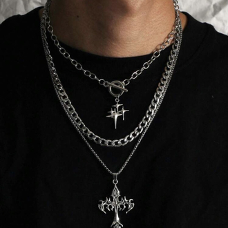 Goth Set Katmanlı Çelik Zincir Dikenli Haç & Yıldız Kolye