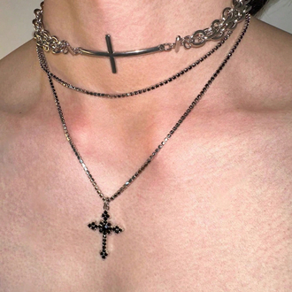 2 Katmanlı Siyah Taşlı Haç & Choker Kolye Seti