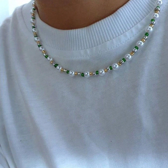 Dark Romantic Zümrüt Yeşili Taşlı Minimal İnci Choker
