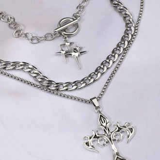 Goth Set Katmanlı Çelik Zincir Dikenli Haç & Yıldız Kolye