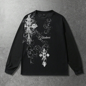 Gotik Haç & Sarmaşık Baskılı Siyah Sweatshirt