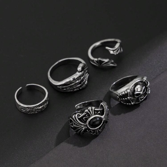5 Adet Grunge Motifli & Haç Detaylı Antik Eklem Yüzükleri