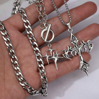 Goth Set Katmanlı Çelik Zincir Dikenli Haç & Yıldız Kolye