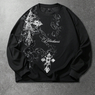 Gotik Haç & Sarmaşık Baskılı Siyah Sweatshirt